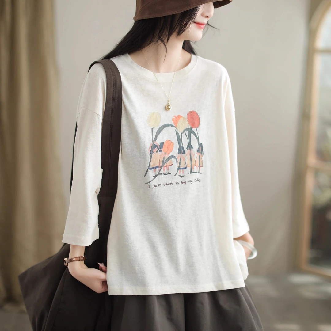 七分袖雪花棉t恤2025新款复古文艺印花休闲薄款圆领显瘦百搭上衣