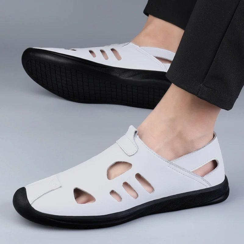 凉皮鞋男新款夏季透气镂空包头沙滩鞋简约百搭软底防滑男士洞洞鞋