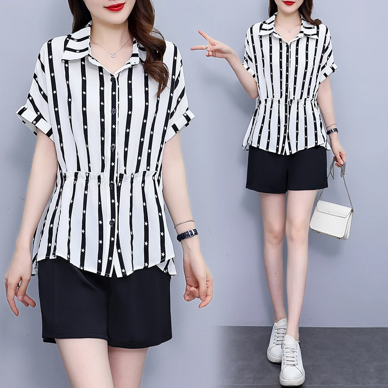 大码宽松条纹百搭减龄T恤衬衫短袖夏季胖mm时尚遮肚洋气雪纺上衣