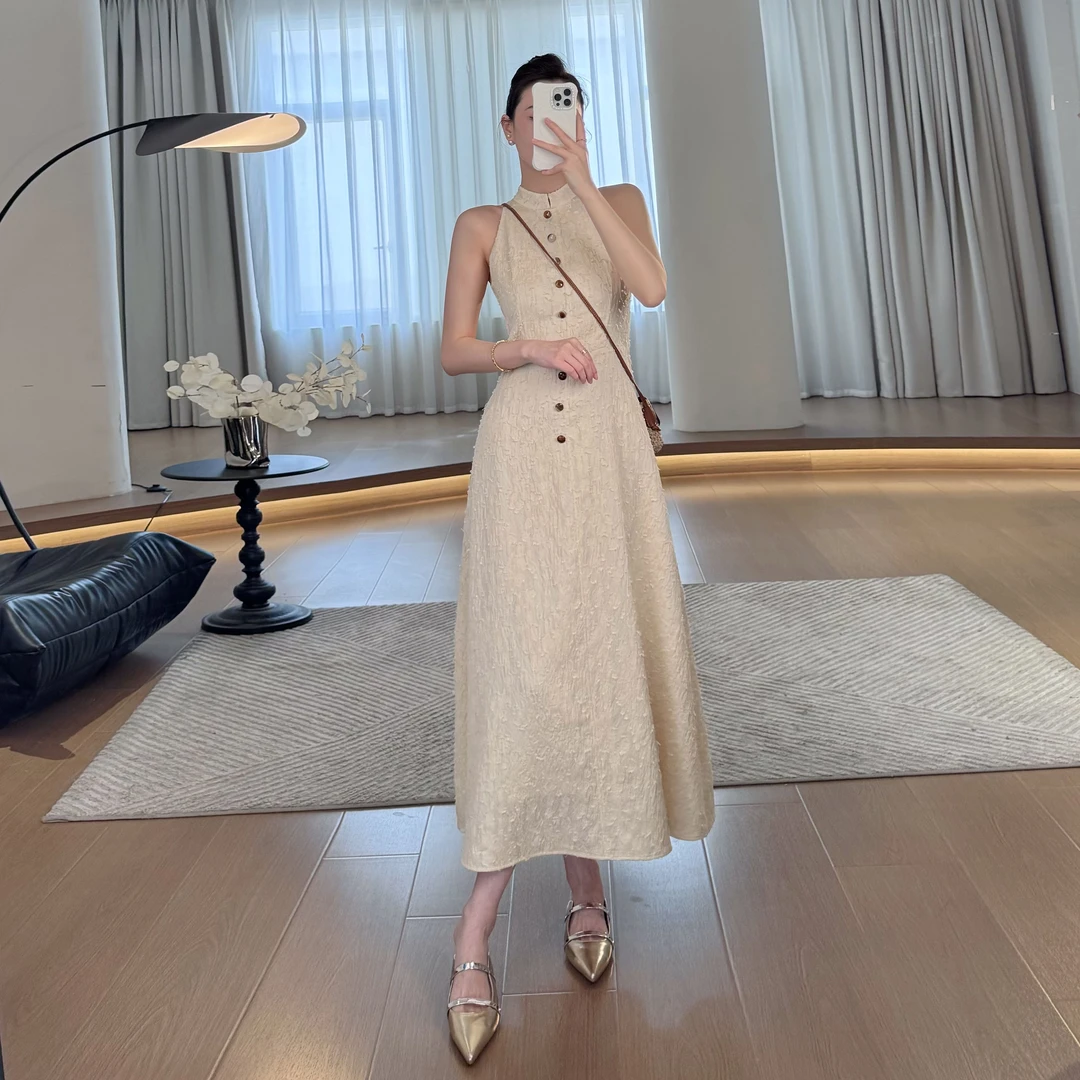 利祯新款【云淡风轻】时尚气质显瘦高腰修身无袖连衣裙LZ1715