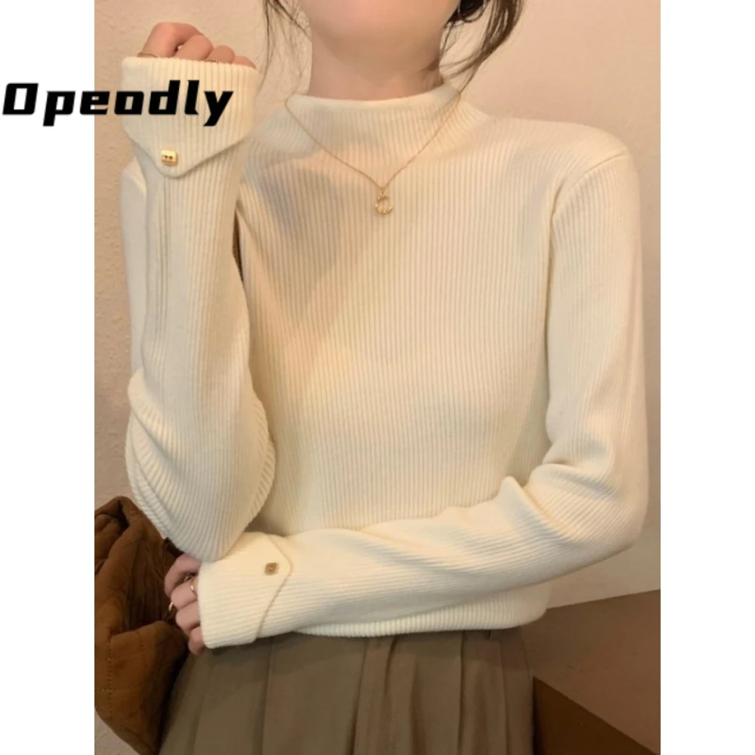 Opeodly半高中领针织打底衫女秋冬季设计感小众内搭毛衣修身上衣