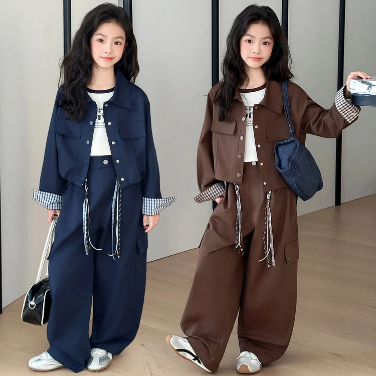 新款女童秋装工装套装韩版中大童时尚短款外套休闲运动炸街三件套