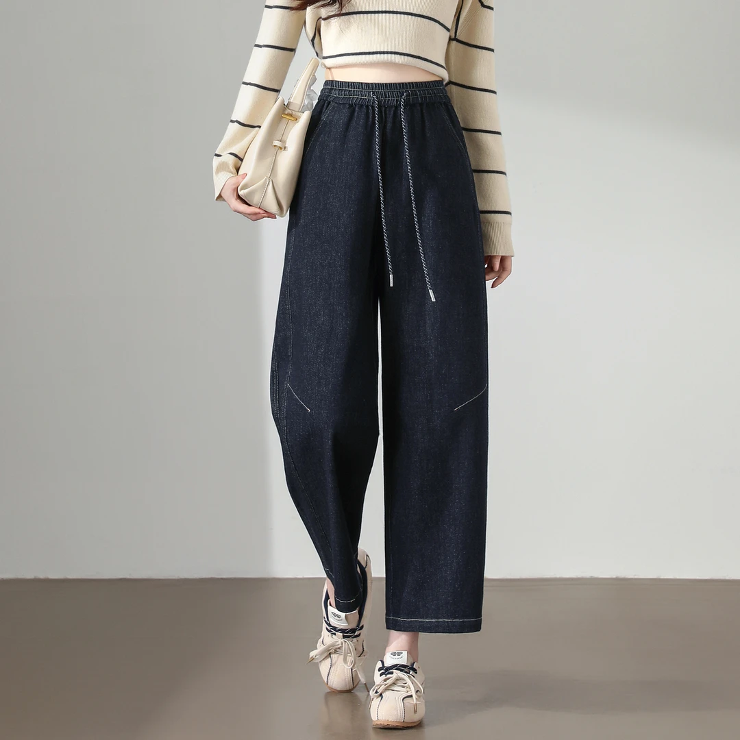 深蓝色九分牛仔裤女加绒爆款秋冬加厚不臃肿宽松小个子休闲哈伦裤
