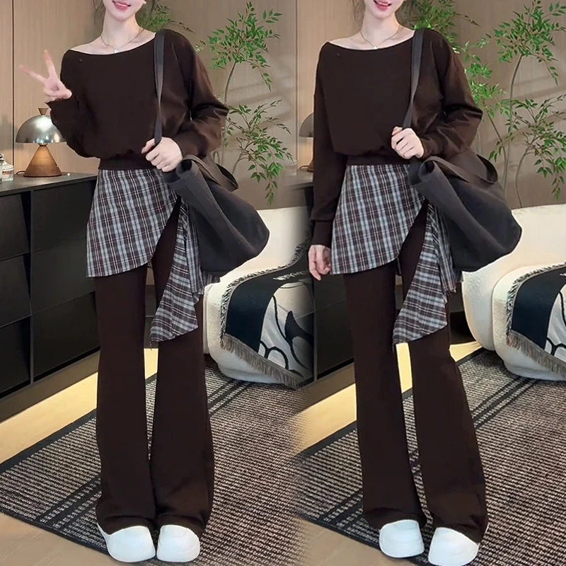 2025年早秋新款韩版时尚斜肩卫衣+微喇裤套装女洋气复古两件套潮