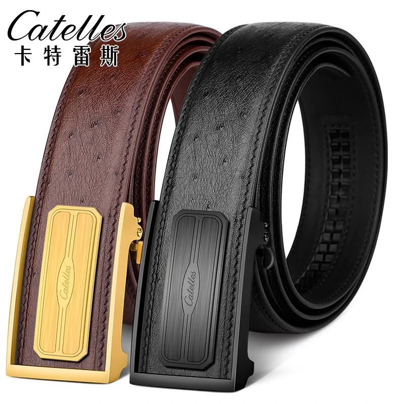 CATELLES男士鸵鸟皮皮带真皮自动扣青年男土中年腰带休闲百搭裤带
