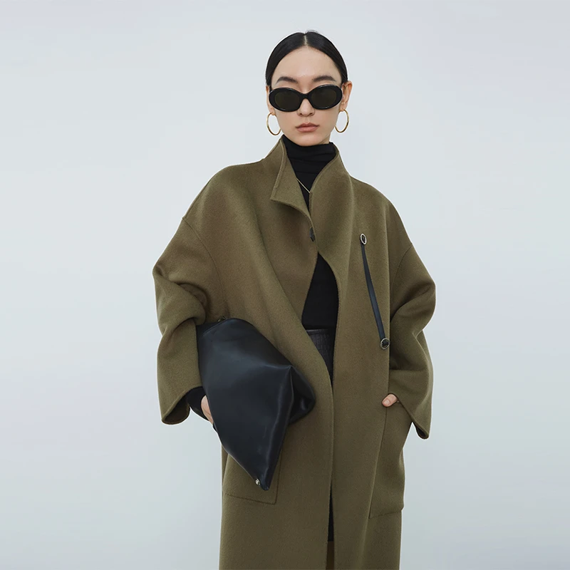 SOULKISS经典B败 不费力时髦100%高支澳毛立领皮袢长款双面呢大衣