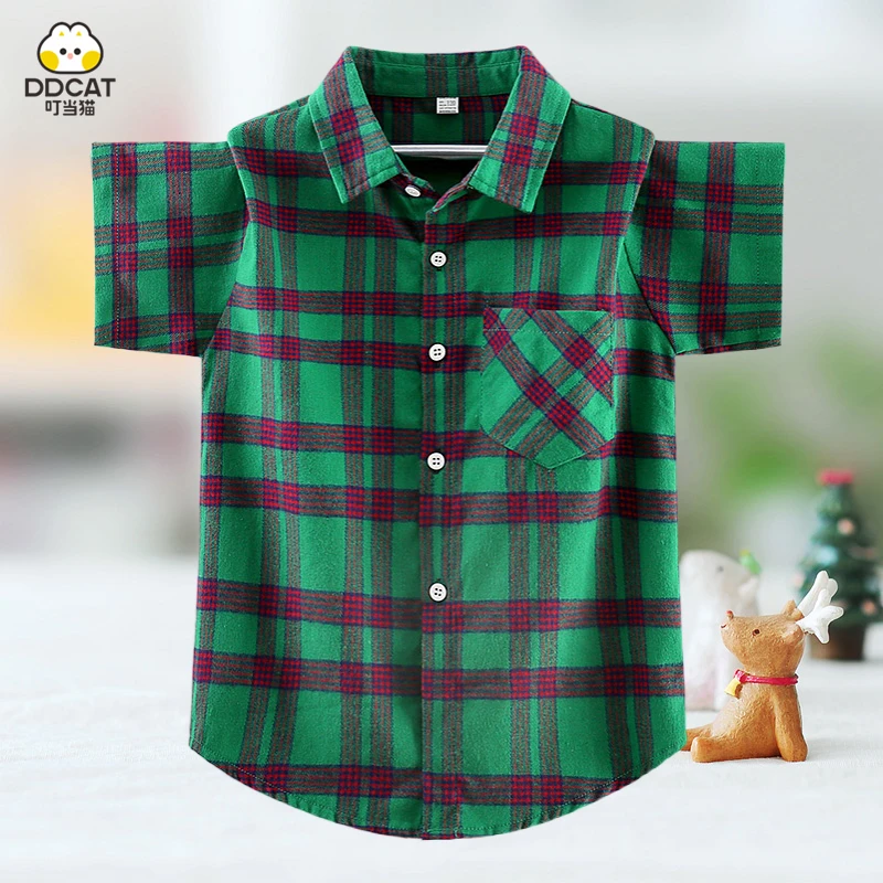 叮当猫男孩纯棉衬衫时尚潮款经典格子中大童休闲夏季薄款打底衬衫