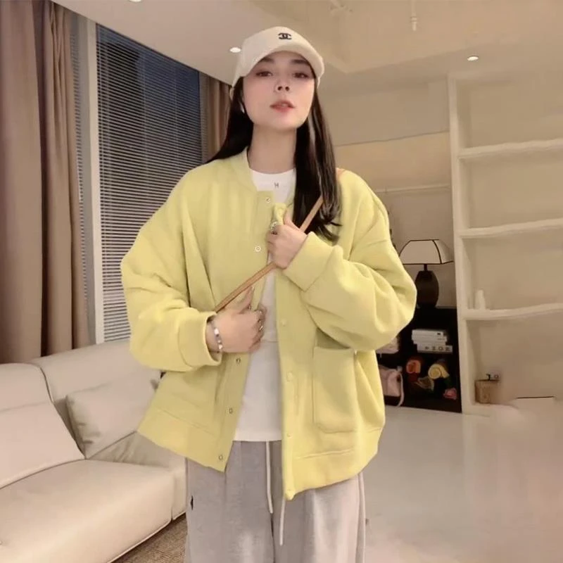 黄色棒球领开衫短外套女春秋季2025新款宽松加厚百搭慵懒独特上衣