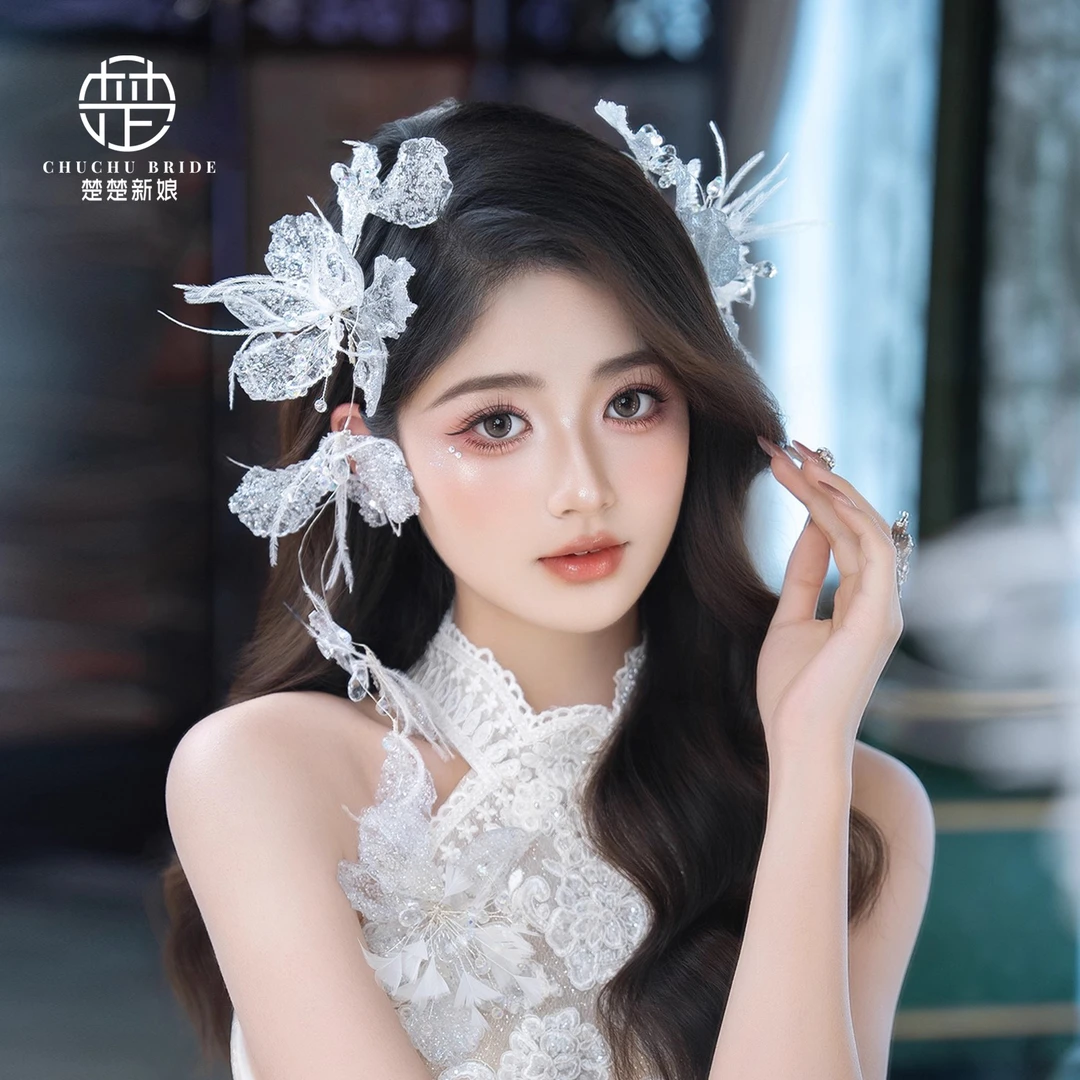 新娘婚礼跟妆造型韩式森系超仙美水晶流苏边夹头饰发饰套装