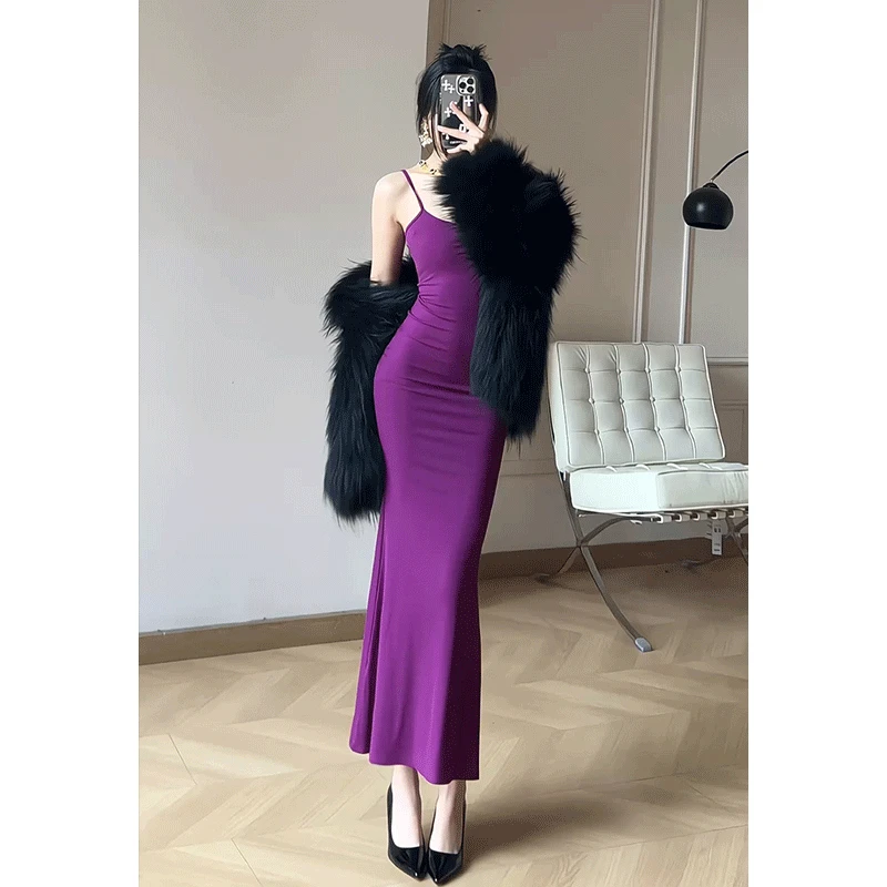 纯欲性感修身显瘦吊带连衣裙女紫色超显白显身材可调节包臀鱼尾裙