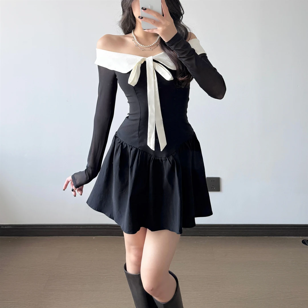 法式设计感显瘦连衣裙长袖款春秋款一字肩高腰显瘦短裙ins