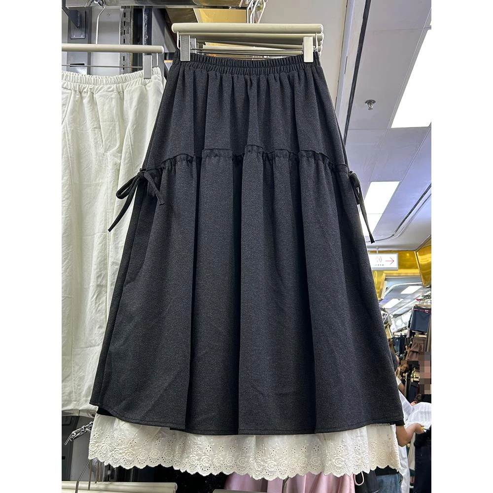 韩系复古蕾丝花边拼接半身裙女2025春秋新款系带蝴蝶结百搭A字裙