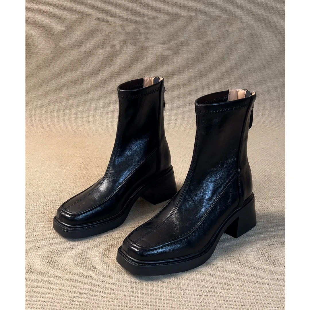 羊皮版~复古短靴女高跟防水台粗跟方头不累脚切尔西靴子新款百搭