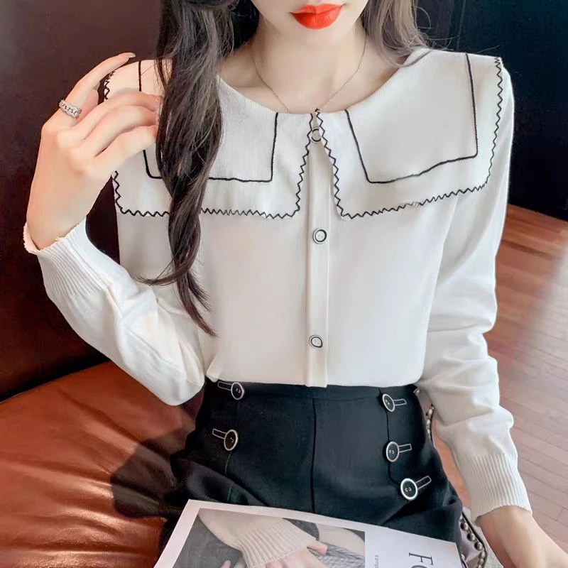 81025【衣长45~微瑕】秋款气质海军领长袖针织衫小众上衣女撞色百搭