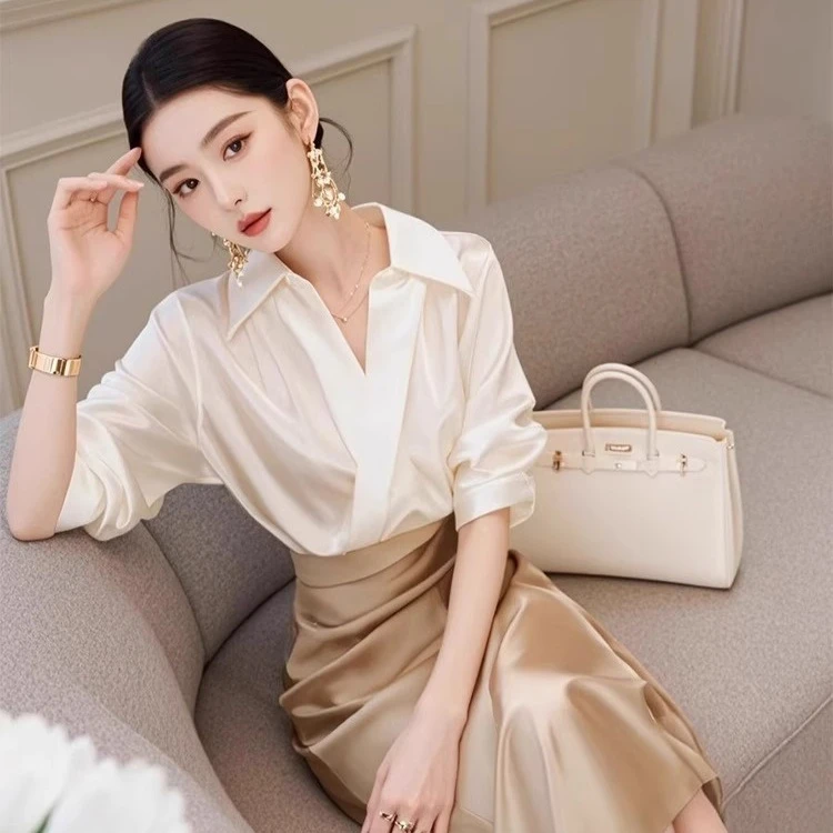 春装搭配一整套轻熟气质女神范高端小香风衬衫香槟色半身裙套装夏