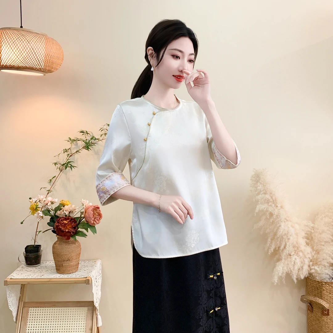 2025中式圆领斜襟提花衬衫春夏新款国风衬衣刺绣小衫七分袖上衣
