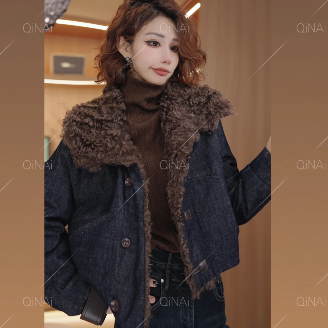 七奈「卡香」简约毛领长袖单排扣牛仔棉衣加绒冬季秋冬