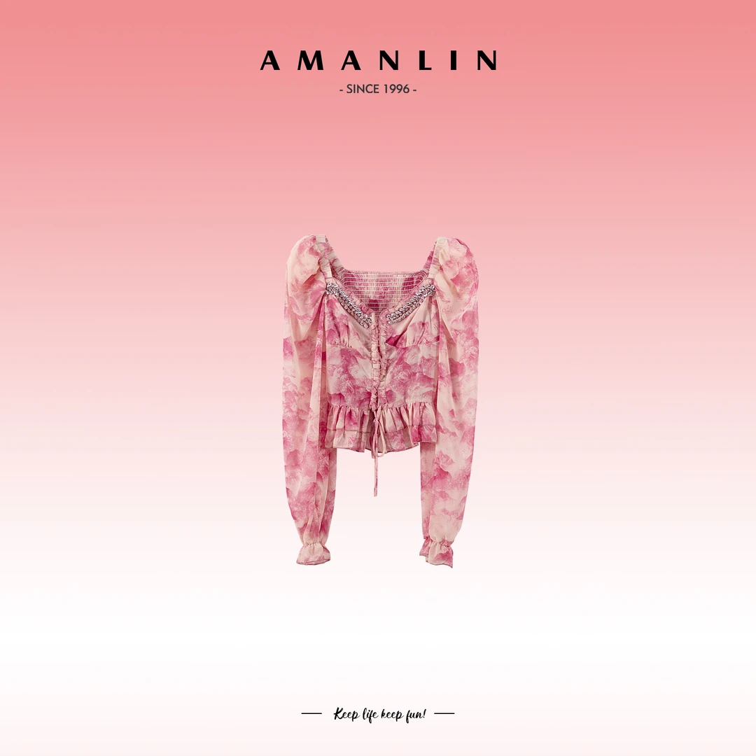 AMANLIN/阿謾琳法式高级感印花显瘦气质时尚显瘦套头上衣F595676