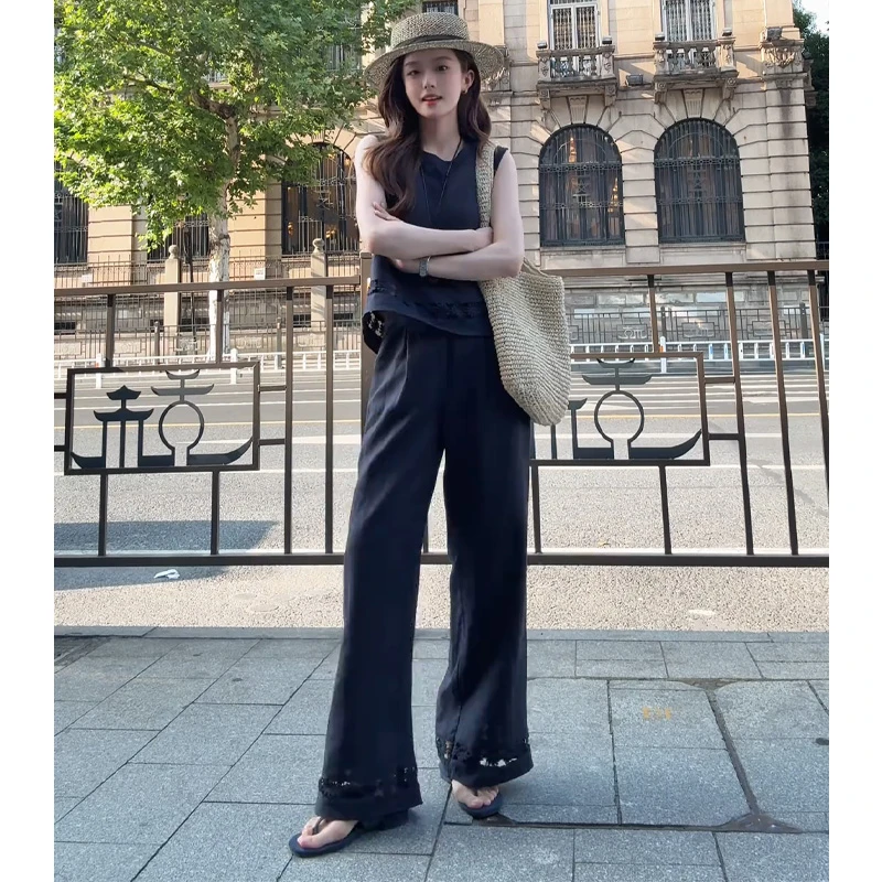 夏季新款慵懒风复古无袖上衣宽松阔腿裤套装
