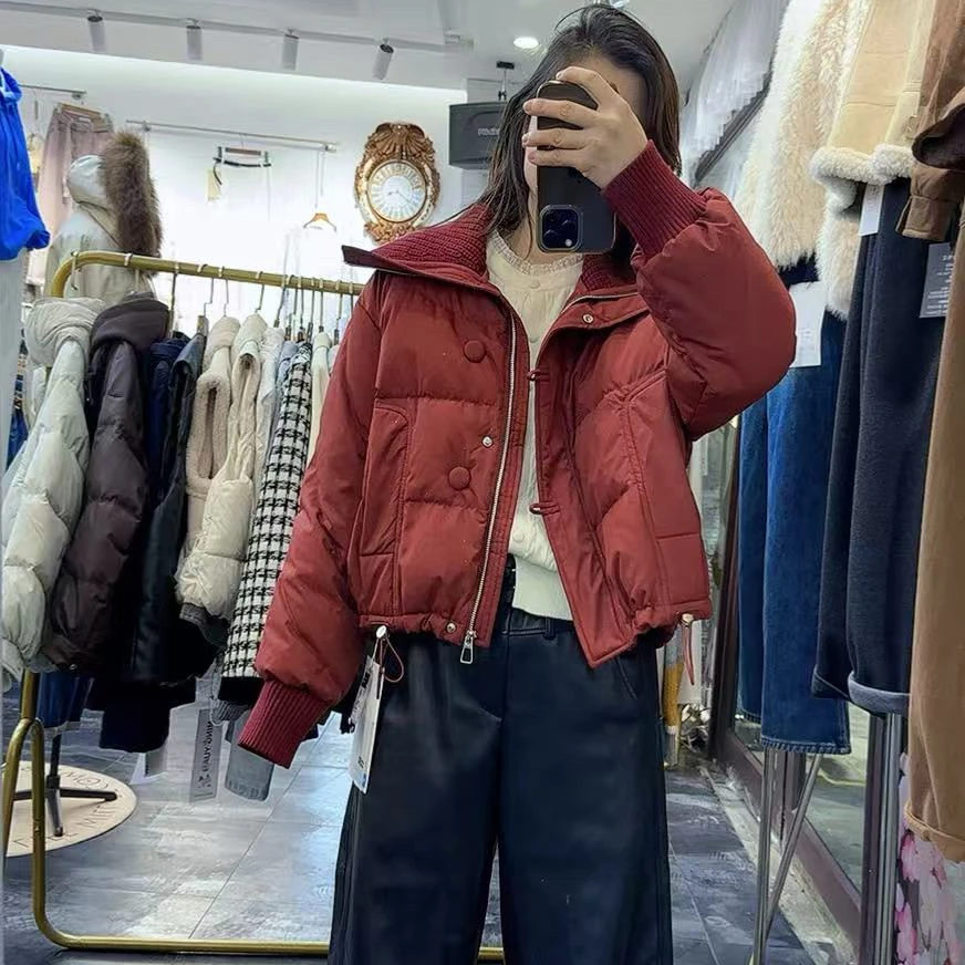 秋冬新款短版小个子针织翻领高端新年红羽绒服女棉衣棉服精致通勤