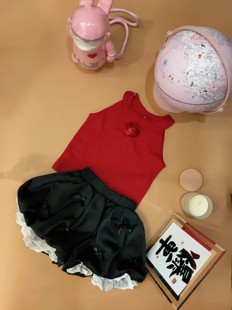 小香风知性性感套头夏季薄款女童套装纱裙红色公主裙唐装LFS89079