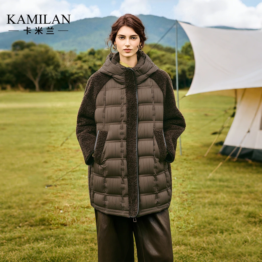 卡米兰中长款连帽拼接羽绒服女2025冬季新款设计感白鸭绒羽绒外套