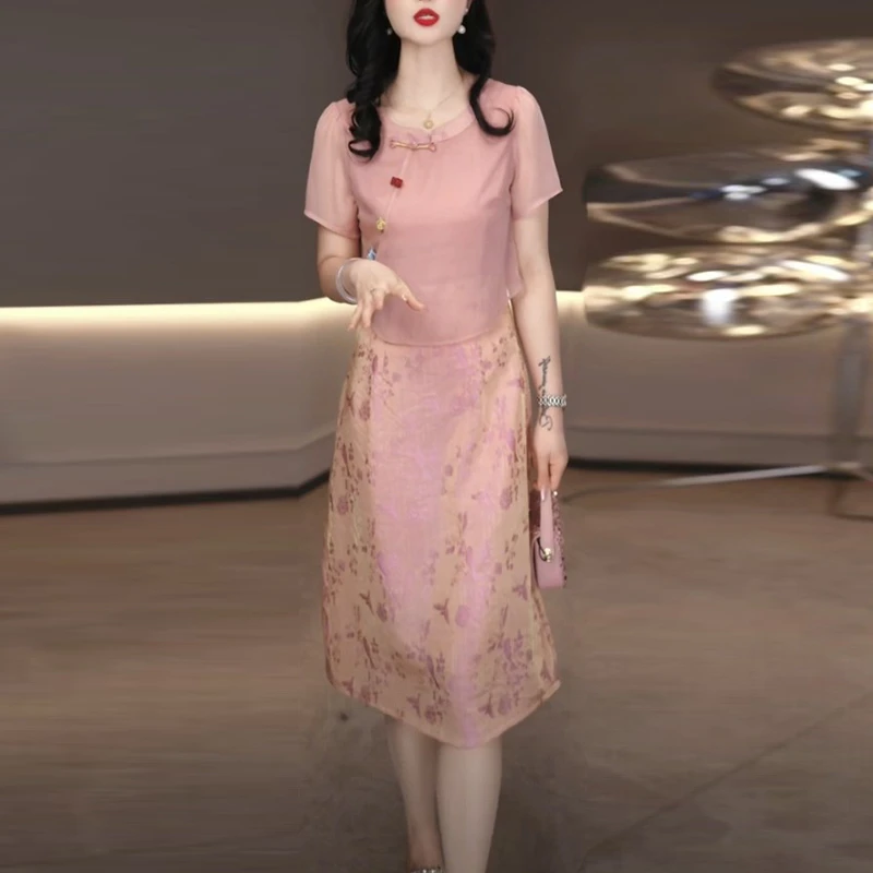 水晶琉璃丝中国风裙子2025夏季新款时尚复古旗袍假两件套连衣裙子