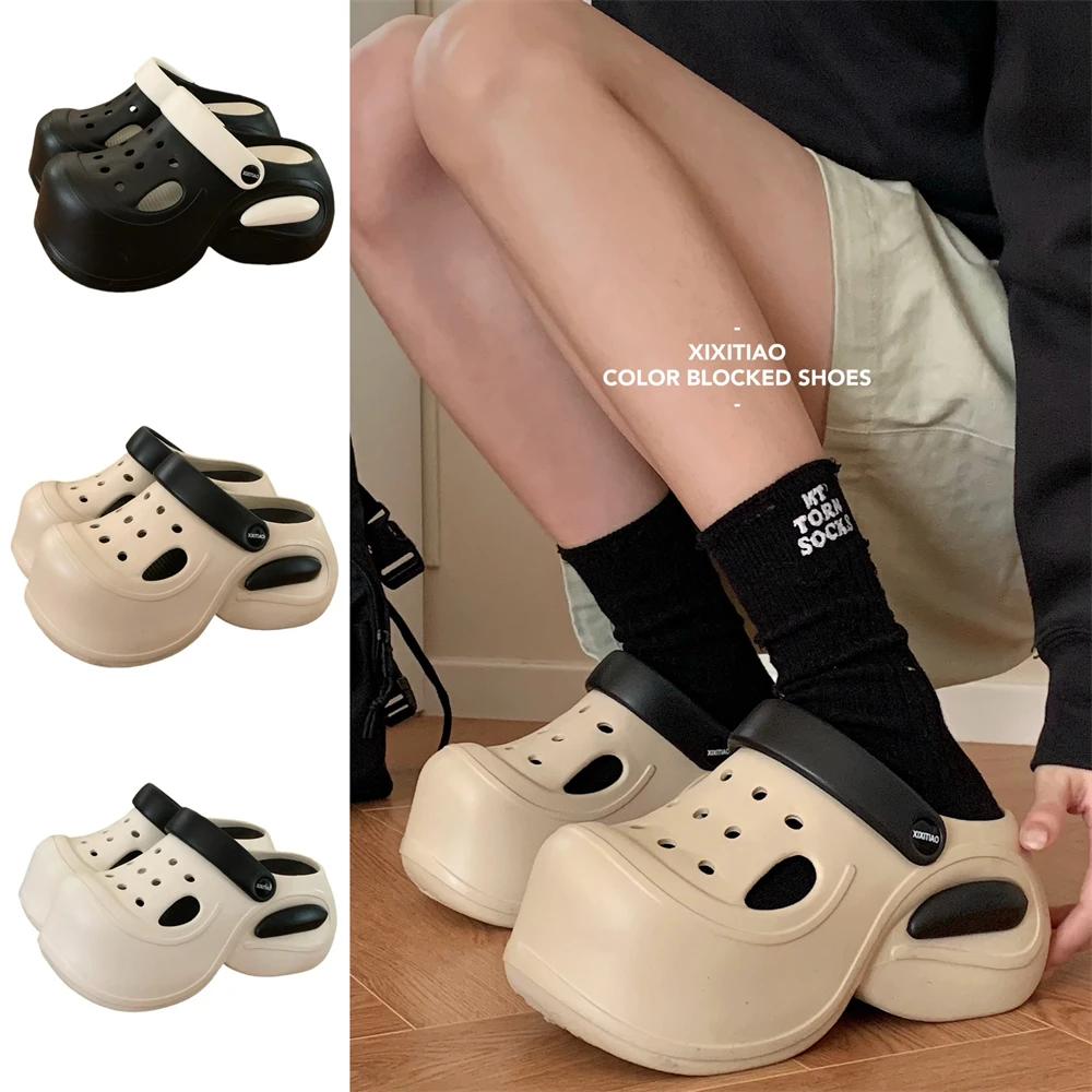 ins潮拼色时尚夏季网红外穿包头凉拖鞋防滑增高厚底沙滩洞洞鞋女