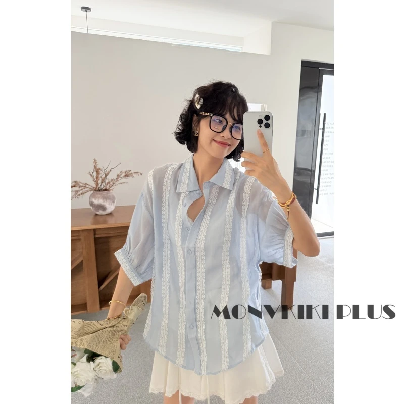 MoNvKiKiPlus2“蓝色多瑙河“大码微胖手工蕾丝重工衬衫#1351
