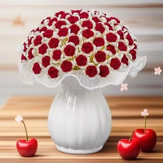 手工编织花束99朵植绒玫瑰花材料包diy手工编织串珠珍珠纱玫瑰花