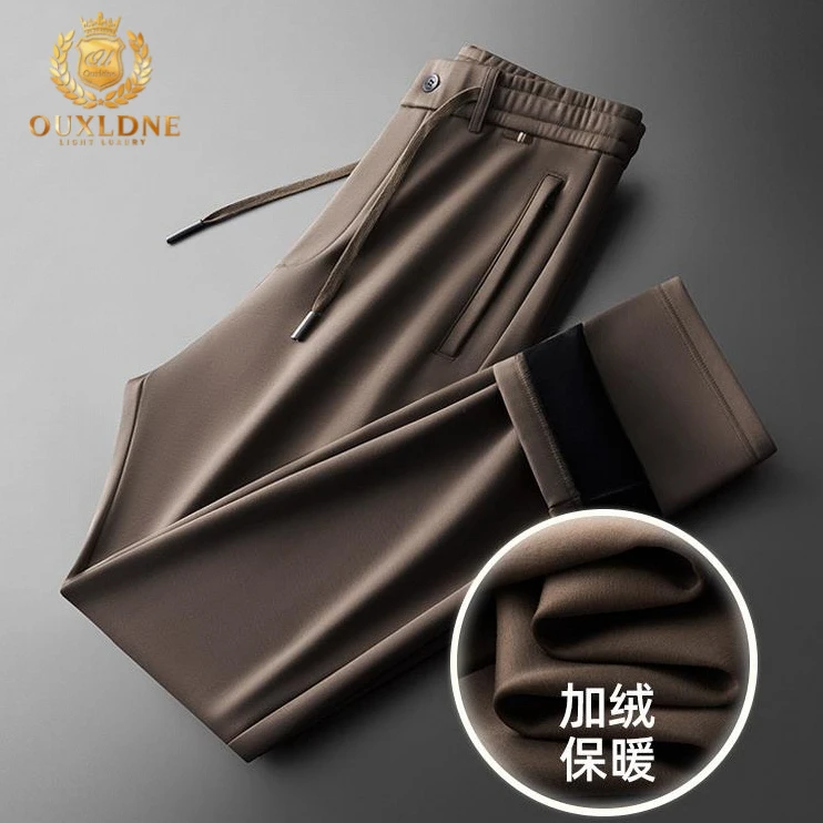 OUXLDNE 秋冬新款男士休闲裤加绒加厚长裤中年爸爸宽松直筒九分裤