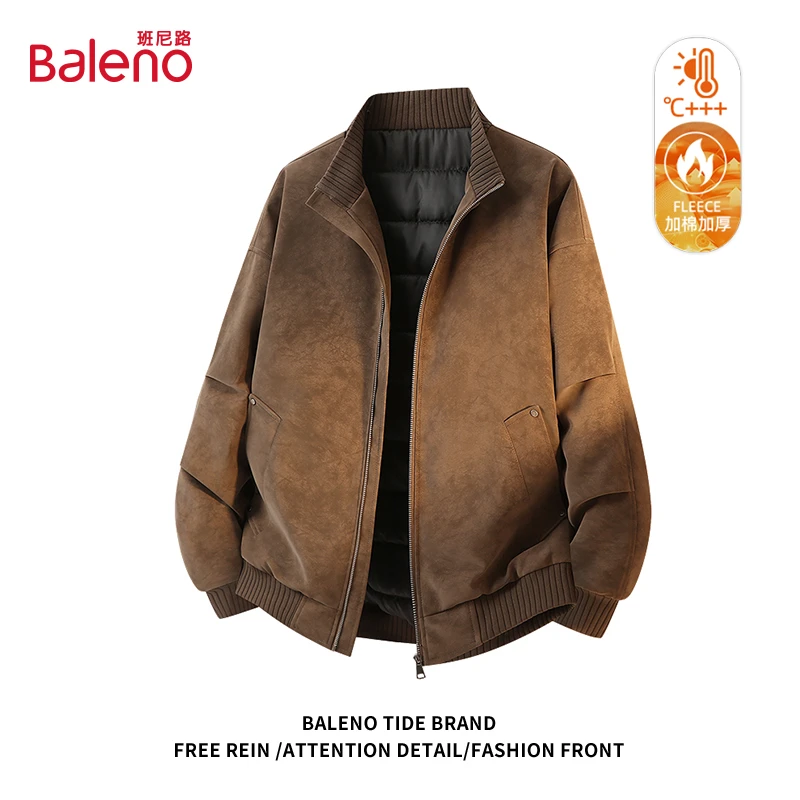 班尼路美式复古立领PU皮棉服秋冬新款痞帅休闲百搭棉衣夹克男外套