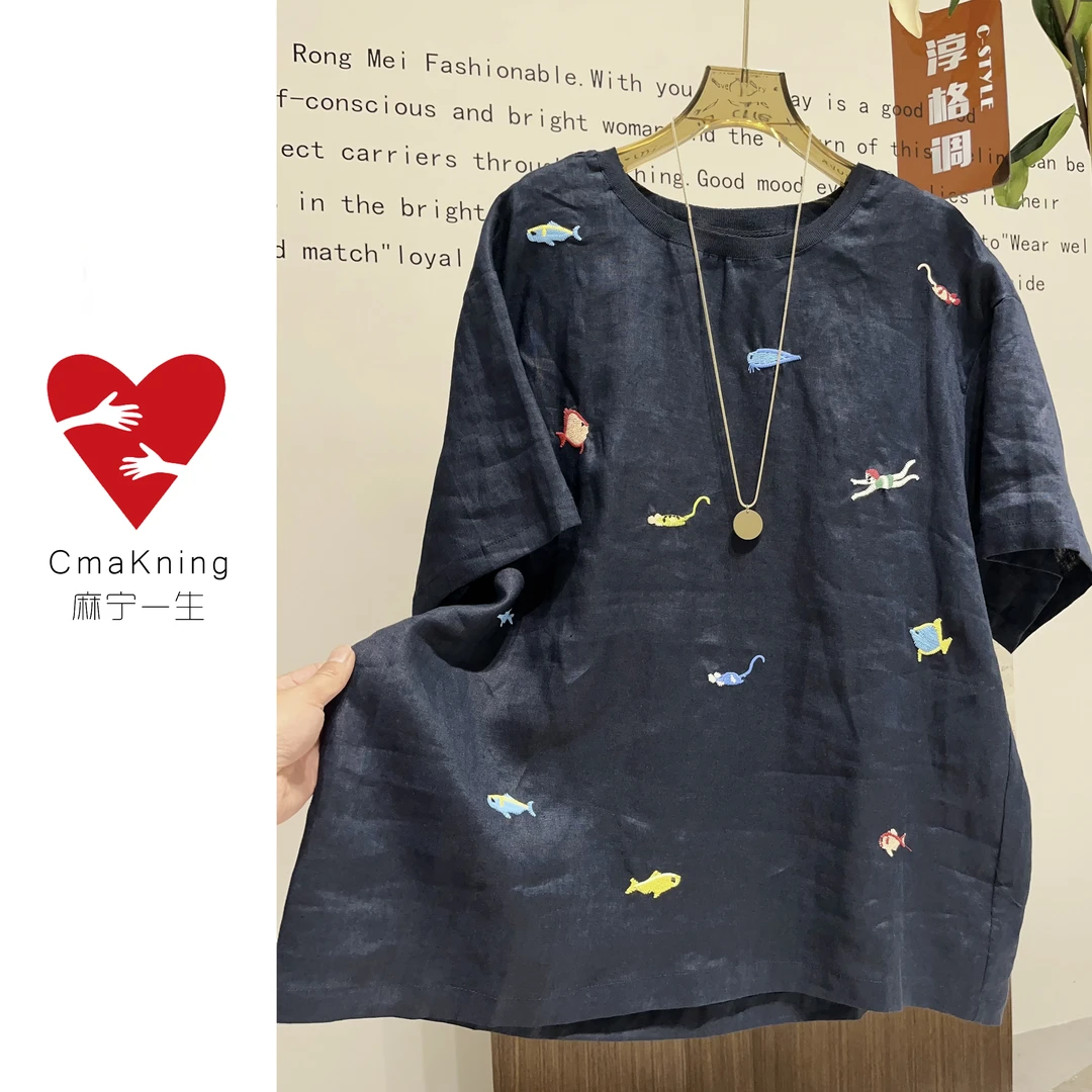 CmaKning麻宁一生微胖小个子T恤夏季洋气时髦感天然亚麻刺绣上衣