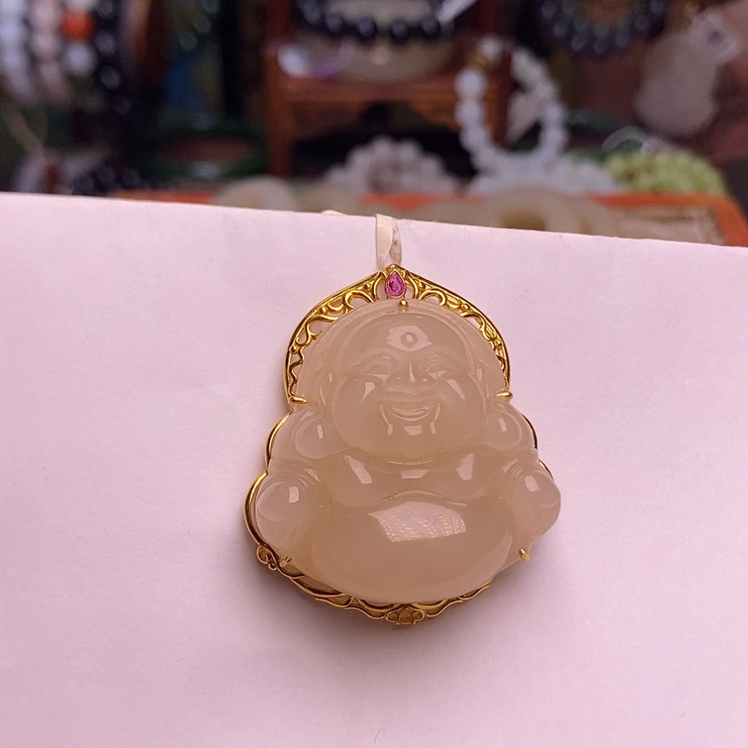 颈饰未镶嵌和田玉红藕粉金镶佛公毕业级
