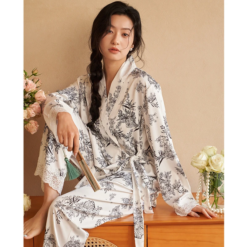 2025新款睡衣女士春夏季青果领系带长袖长裤家居服套装