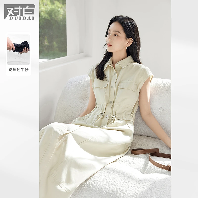 D01对白气质通勤风牛仔衬衫连衣裙收腰盖袖裙子FDQ068