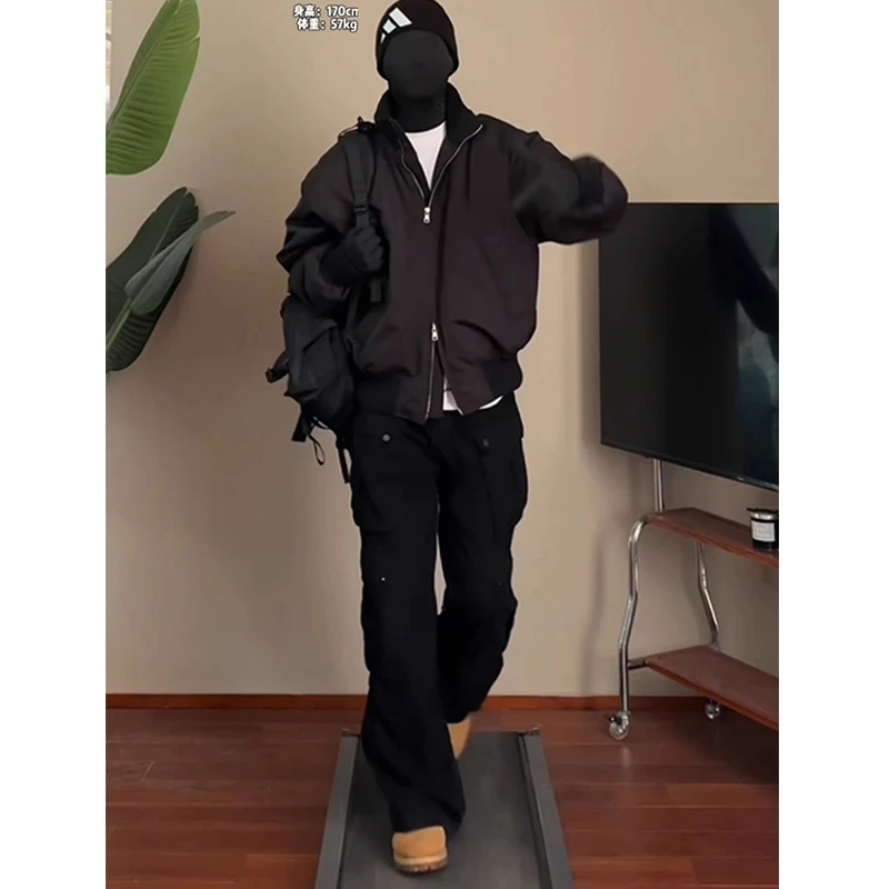 黑色bomber飞行员夹克外套男生ootd穿搭春秋短款廓形立领棒球服潮