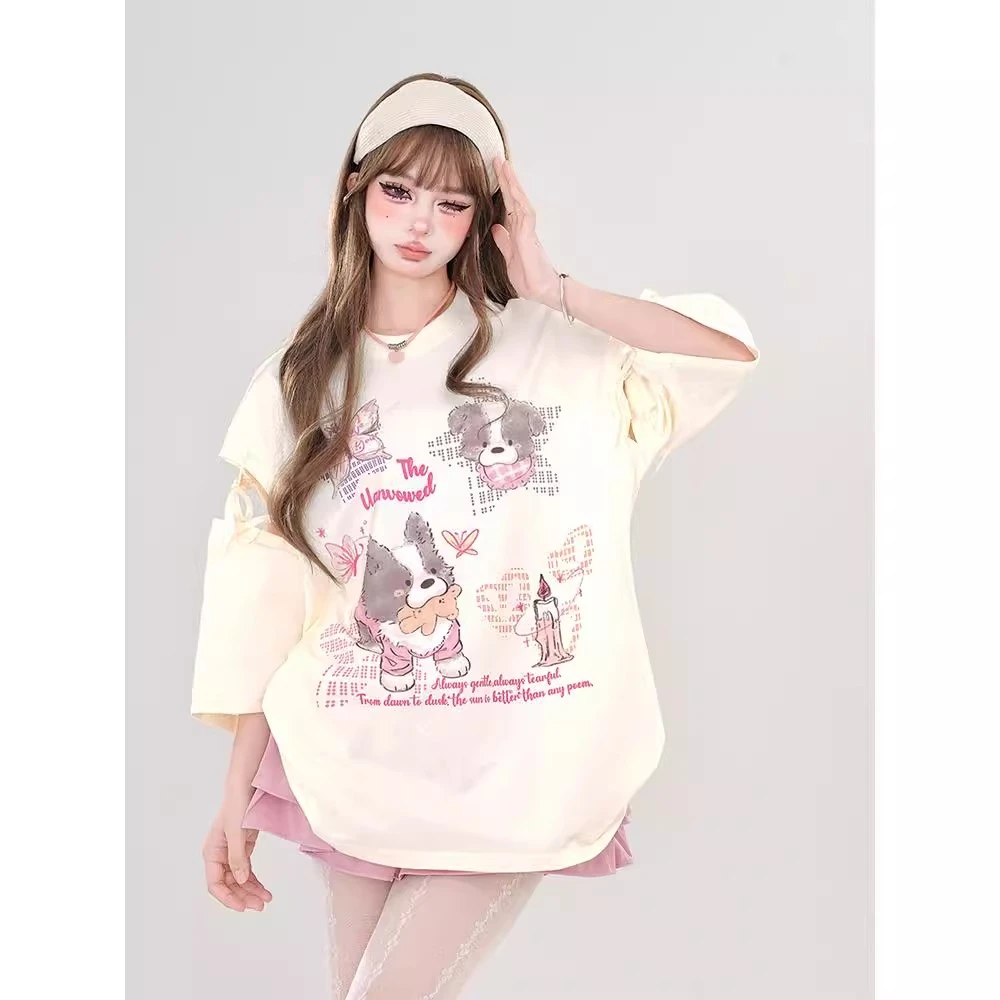 韩系甜美可爱小狗印花纯棉短袖T恤女春夏季宽松显瘦百搭半袖上衣