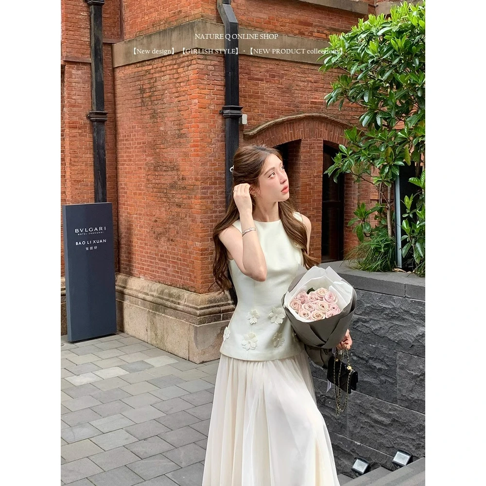 【夏日穿搭】法式千金风无袖连衣裙女设计感蝴蝶结假两件网纱长裙子