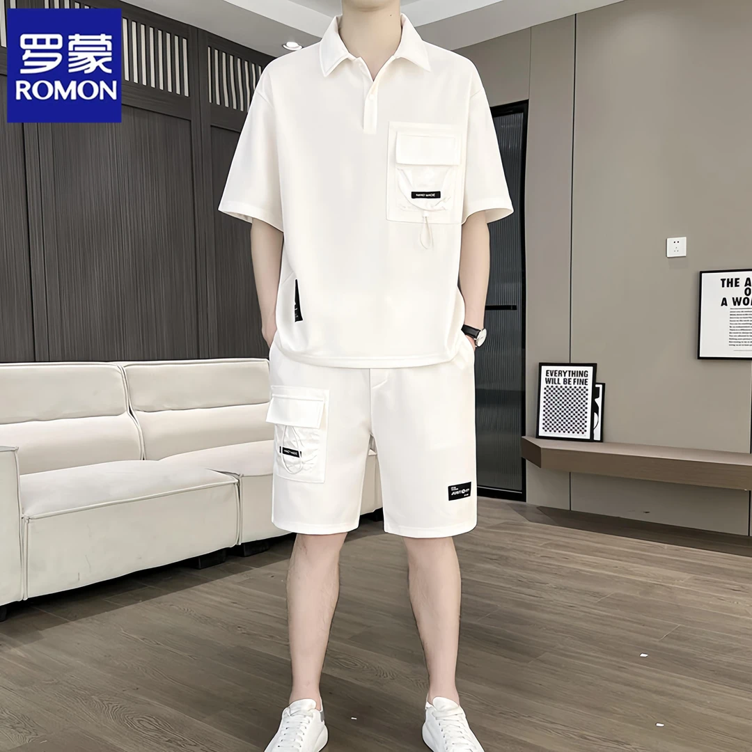 Romon/罗蒙夏季休闲运动套装POLO衫短袖宽松男士潮流帅气口袋短裤