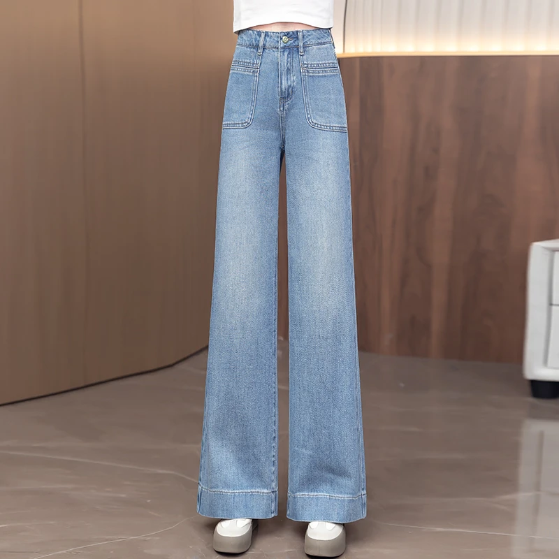 高级感浅蓝色阔腿牛仔裤女士2025春季新款宽松垂感直筒春秋长裤子