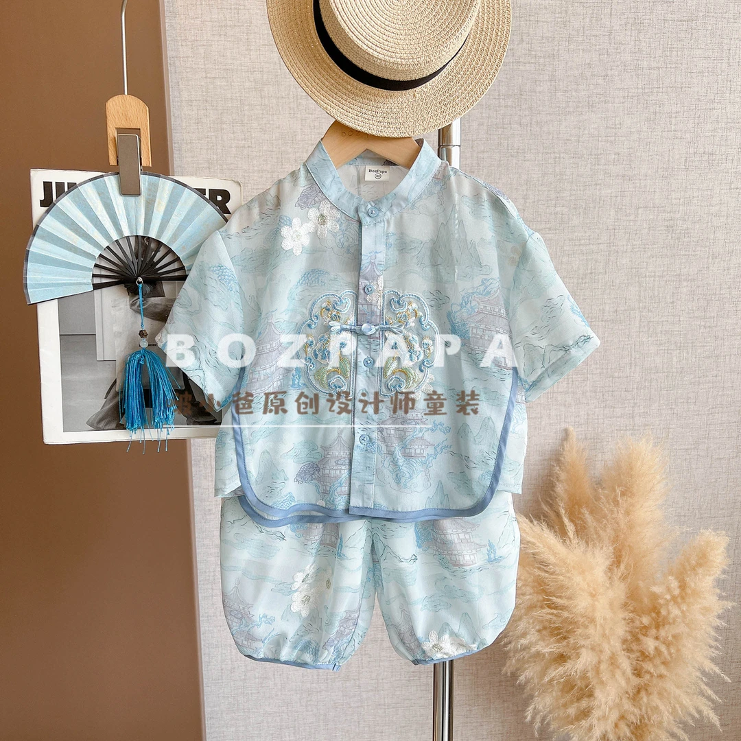 现货啵小爸【蓝绣江山】2025夏季男童新中式蓝色刺绣印花花衬衫套装