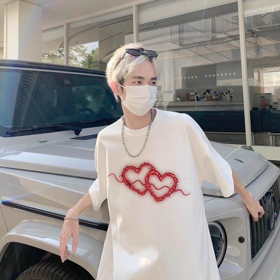 100%重磅纯棉短袖T恤男女同款简约潮牌爱心夏宽松流行男装半袖ZN1