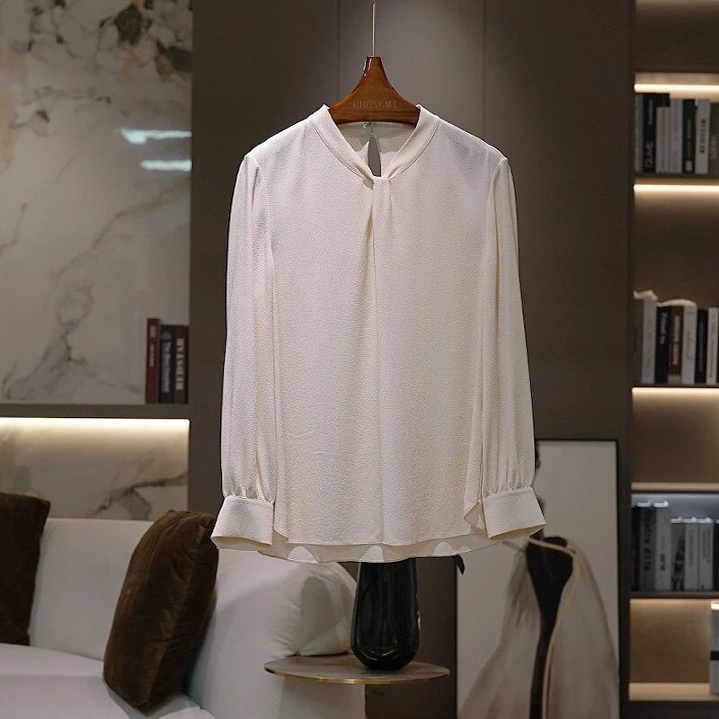 【鬼绉真丝】杏色桑蚕丝衬衫女2024新款气质百搭长袖套头扭结上衣女