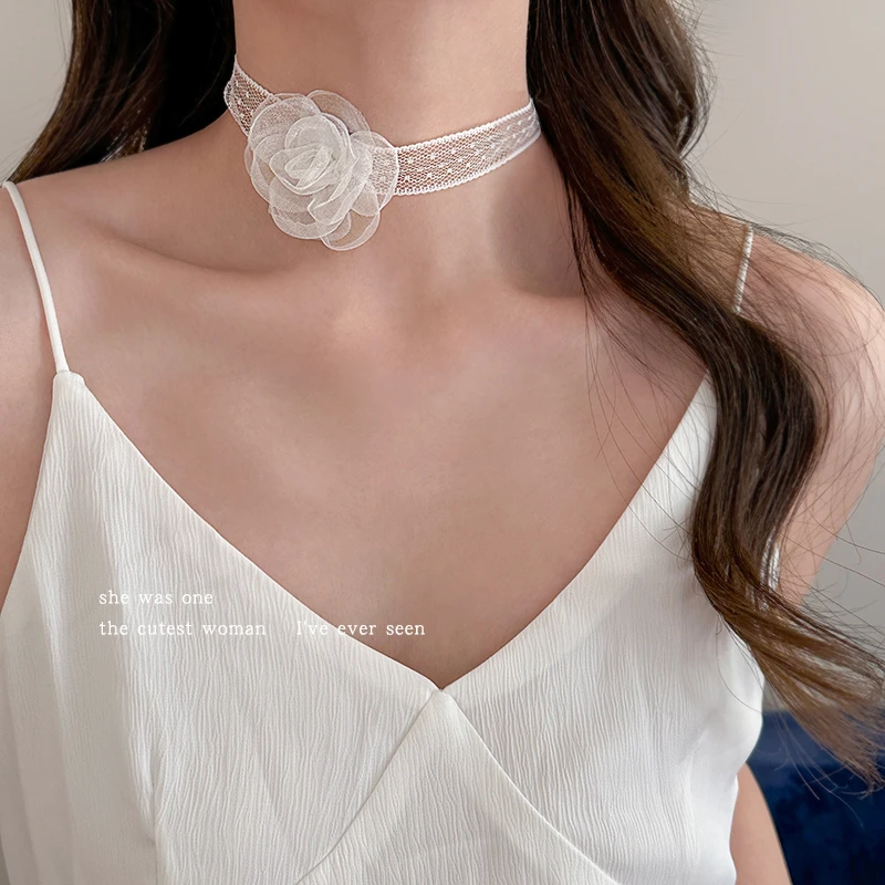 非金属布艺项链 超仙网纱蕾丝山茶花choker颈链百搭飘带锁骨配饰