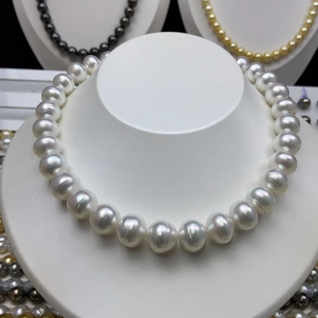 海水珍珠银S925镶嵌项链12-14/33颗 宝石光炫彩