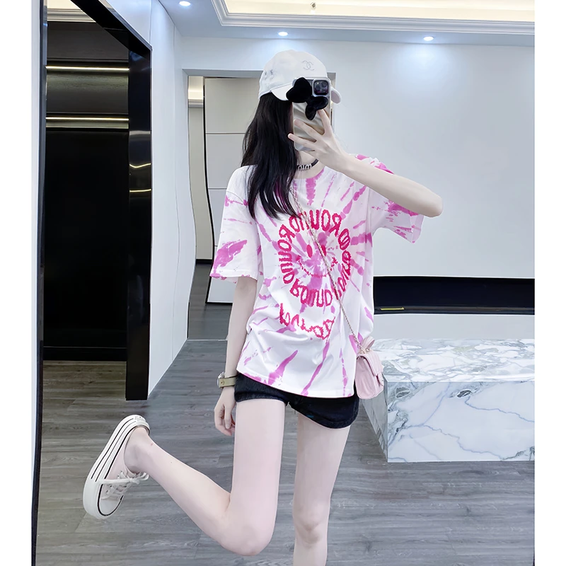 粉色短袖t恤女宽松夏季2025新款笑脸扎染洋气显瘦炸街设计感上衣