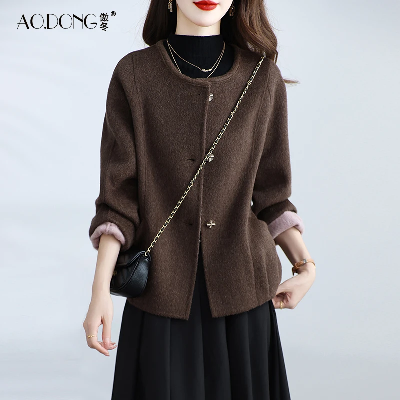 高级感双面绒大衣女短款羊毛呢子小个子百搭休闲妈妈简约外套秋冬