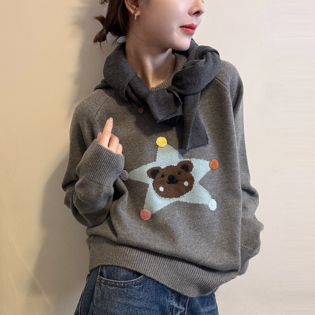 五角星卡通小熊提花长袖毛针织衫女秋冬新款慵懒感时尚显瘦打底衫