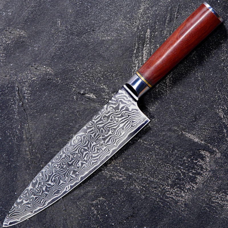 《影》67层大马士革钢红檀雨滴纹主厨牛刀钢材10cr15mov60±62hrc